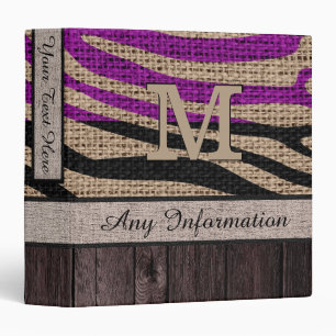 Classeur Monogramme Zebra Imprimer Motif Burlap Look Wood #