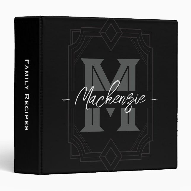 Classeur Monogrammed Elegant Initial black  (Devant/Côté)