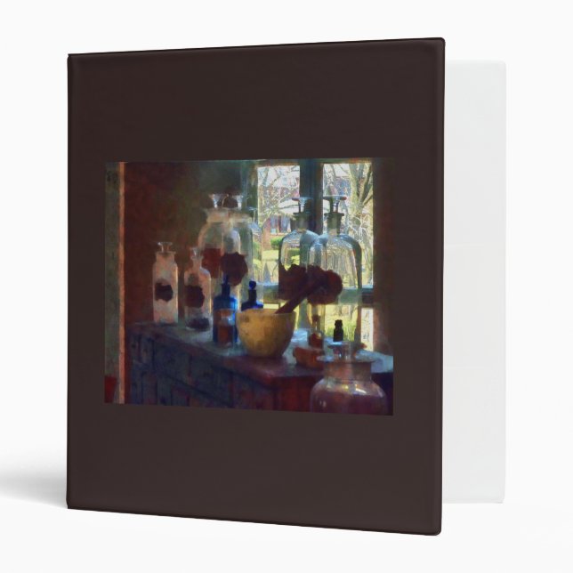 Classeur Mortier, pilon et bouteilles par la fenêtre (Devant/intérieur)