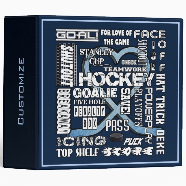 Classeur Mot de Hockey Coeur Bleu Ice Logo Blanc 2 (Devant/Côté)
