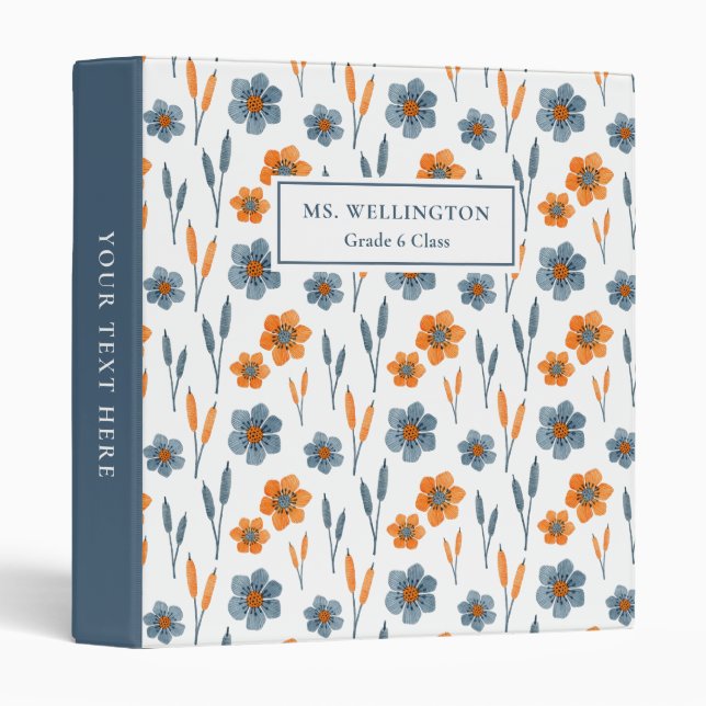 Classeur Motif à feuilles florales orange bleu personnalisé (Devant/Côté)