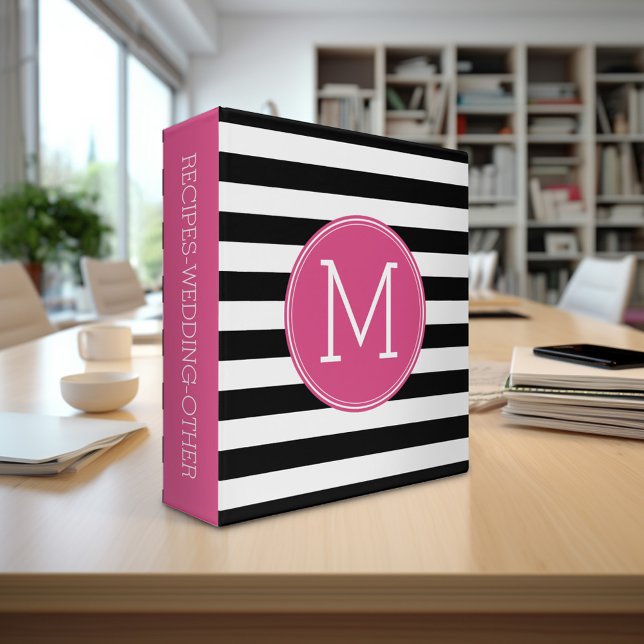 Classeur Motif à rayures noir et blanc Monogramme rose chau (Personalized binder - add your monogram or other text)