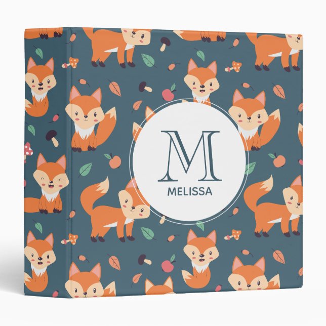 Classeur Motif animal de renard orange mignon Monogramme (Devant/Côté)