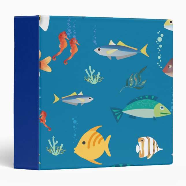 Classeur Motif bleu illustré de poissons et hippocampes mod (Devant/Côté)