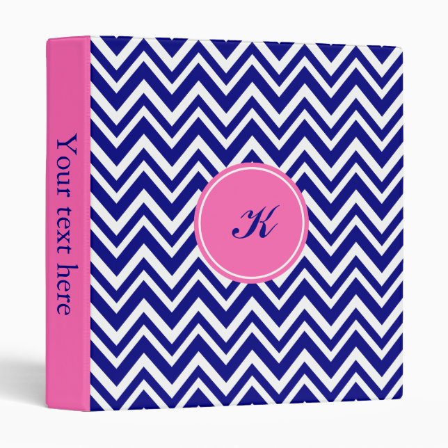 Classeur Motif Chevron bleu Monogram Navy avec rose chaud (Devant/Côté)