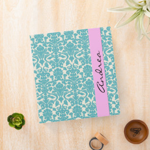 Classeur Motif Damas, Damas Bleu, Votre Nom