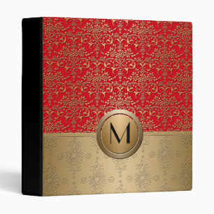 Classeur Motif damassé à monogramme rouge et or élégant