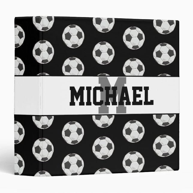 Classeur Motif de balle de soccer initial noir Monogramme (Devant/Côté)