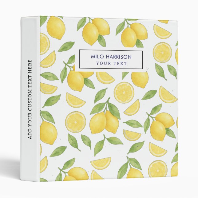 Classeur Motif de citron à l'aquarelle personnalisé (Devant/Côté)