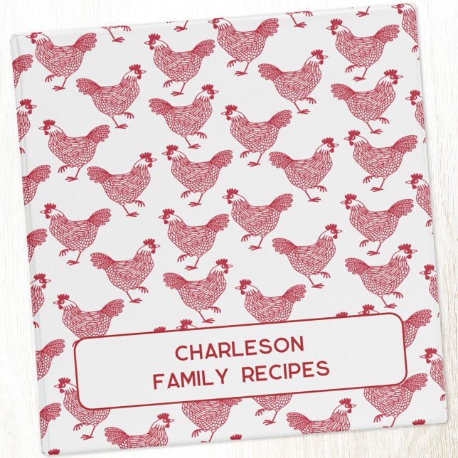 Classeur Motif de Ferme de Poule Pondeuse (Red and white chicken hen pattern personalized custom text 3 ring binder for family recipes or other)