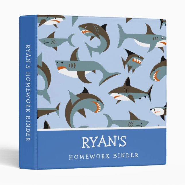 Classeur Motif de requin Blue Name School (Devant/Côté)