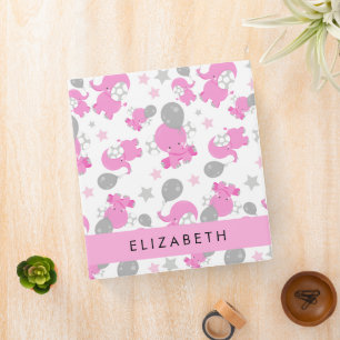 Classeur Motif Des Eléphants Roses, Étoiles, Votre Nom