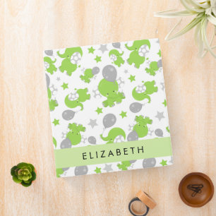 Classeur Motif Des Eléphants Verts, Étoiles, Votre Nom