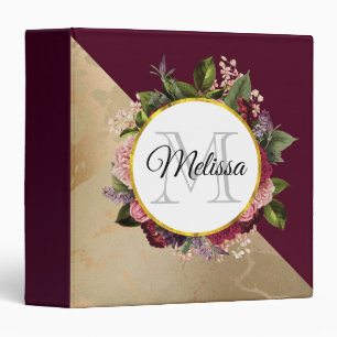 Classeur Motif en marbre doré et monogramme floral bordeaux
