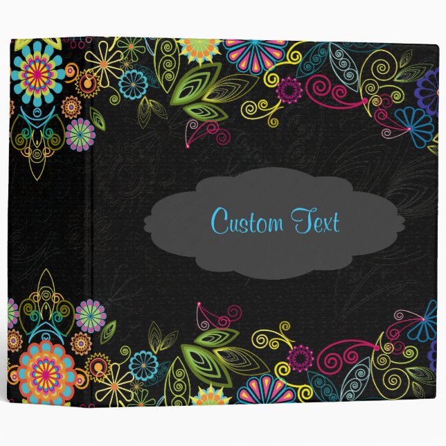 Classeur Motif Fleur Coloré Sur Noir (Devant/Côté)
