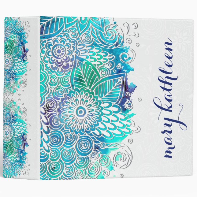 Classeur Motif floral bleu et turquoise paisible de mandala (Devant/Côté)