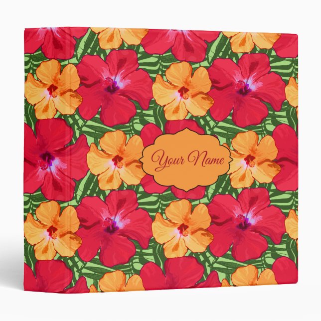 Classeur Motif floral de ketmie tropicale en rouge et (Devant/Côté)