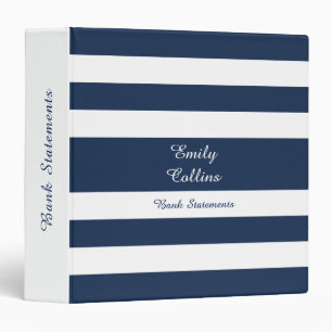 Classeur Motif rayures bleues et blanches Texte et nom