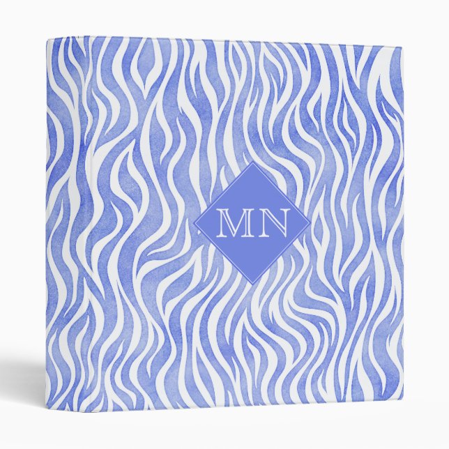 Classeur Motif Zèbre bleu Denim Aquarelle | Monogramme (Devant/Côté)
