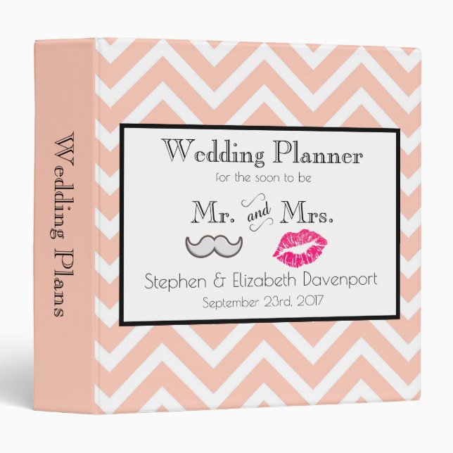 Classeur Moustache et lèvres - Peach Chevron Mariage Plans (Devant/Côté)