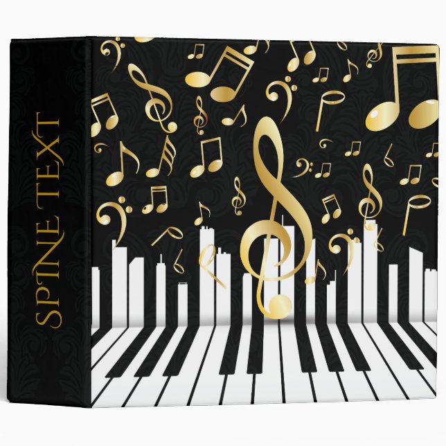 Classeur Music Note Clés de piano noir or noir luxe (Devant/Côté)