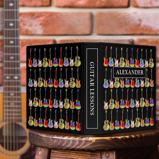 Classeur Musique de guitare colorée (Colorful guitar pattern on black custom binder monogram name for guitarist musician & music teachers)