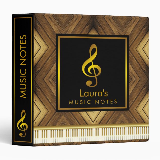 Classeur Musique Piano Notes clavier en bois Noir Or (Devant/Côté)