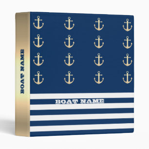 Classeur Nautique, Ancres Dorées Rayures Bleu Marine