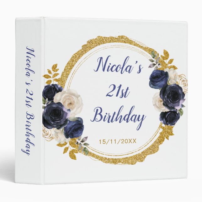 Classeur Navy Blue and Gold Elegant Flowers Birthday Photo (Devant/Côté)