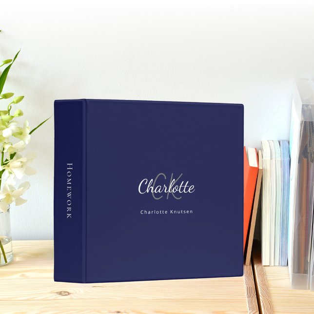 Classeur Navy blue blanc monogramme initiales nom (Créateur téléchargé)