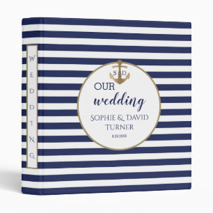 Classeur Navy Blue Stripes Gold Ancre Mariage Album photo