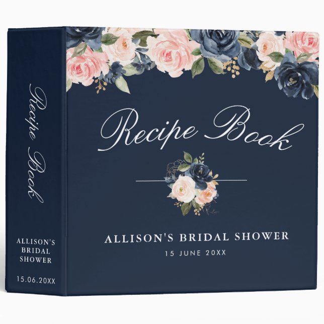 Classeur Navy & blush floral nuptiale de douche Recettes (Devant/Côté)