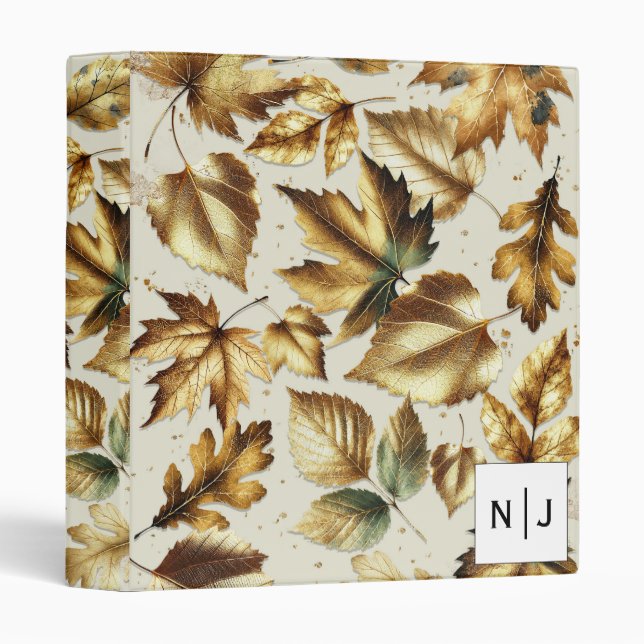 Classeur Noces Mariage Automne Glam Beige Abricot Feuilles  (Devant/Côté)