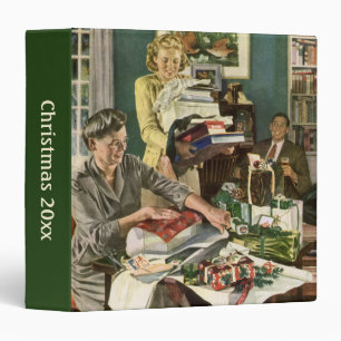 Classeur Noël vintage, famille heureuse emballant des cadea