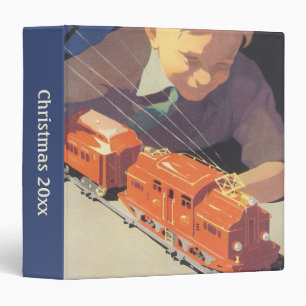 Classeur Noël vintage, garçon jouant avec des trains jouets