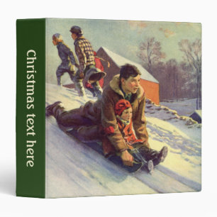Classeur Noël vintage, père et fille faisant de la luge