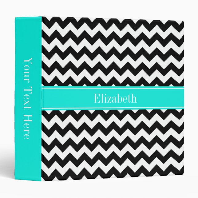Classeur Noir Blanc Chevron Zig Zag Brt Aqua Nom Monogramme (Devant/Côté)