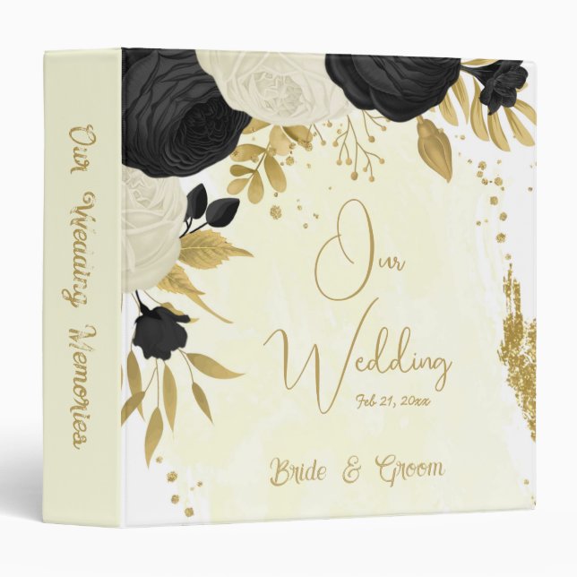 Classeur noir & blanc fleurs or mariage photo album (Devant/Côté)