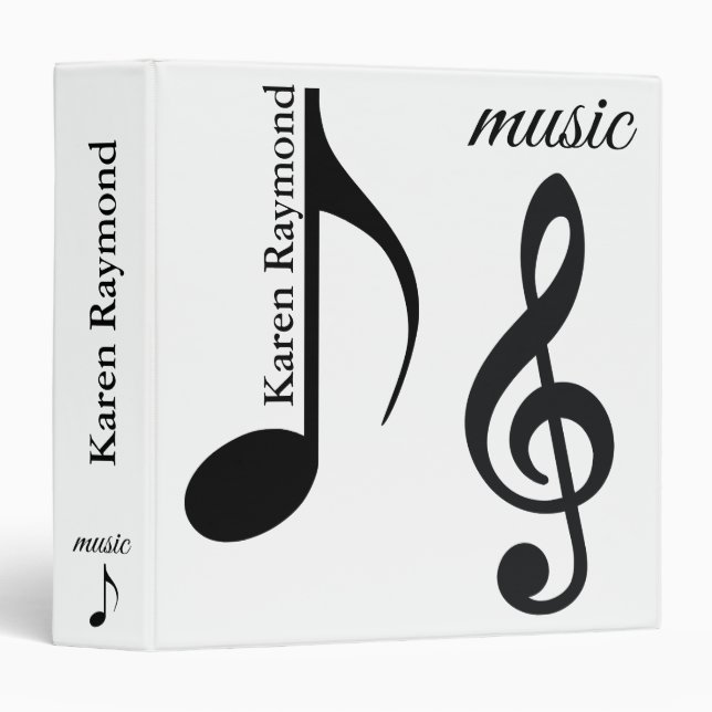 Classeur Noir & Blanc moderne note de musique élégante (Devant/Côté)