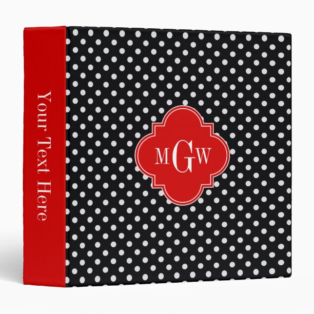 Classeur Noir Blanc Pois Rouge Quatrefoil 3 Monogramme (Devant/Côté)