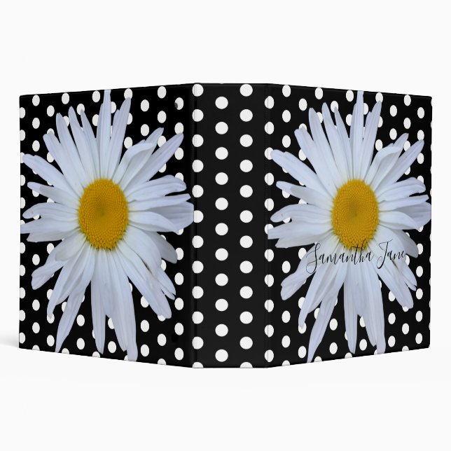Classeur Noir Chic Blanc Pois Daisy Personnalisé (Arrière-plan)
