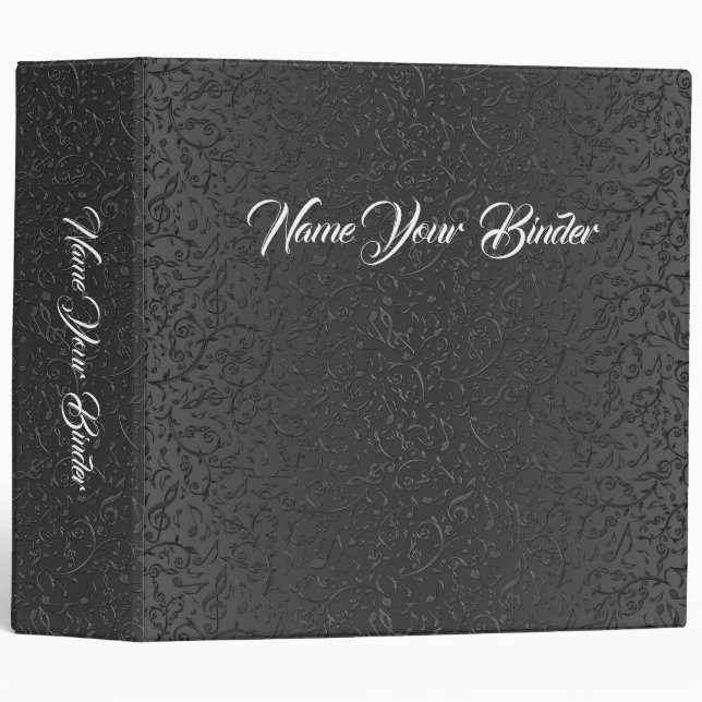 Classeur noir élégant de motif de notes de musique (Devant/Côté)
