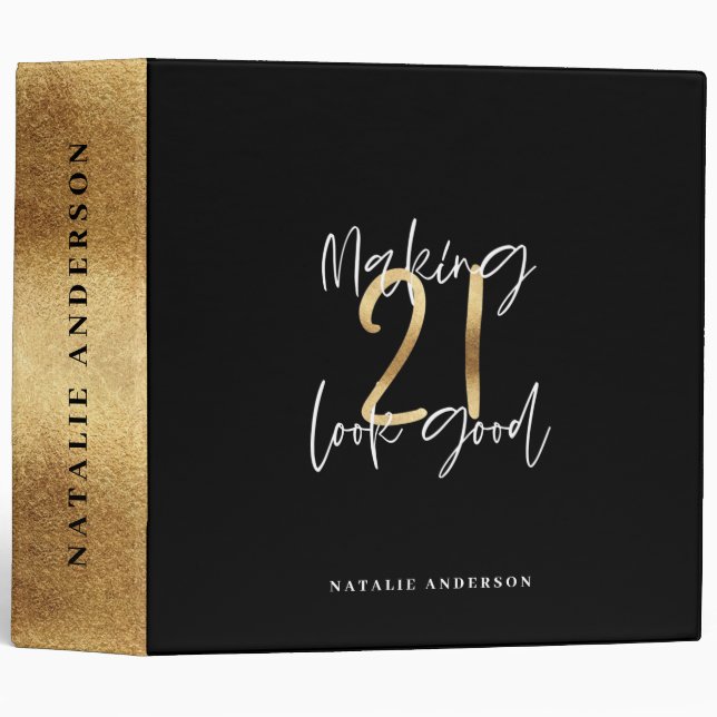 Classeur Noir et or 21e anniversaire script moderne design (Devant/Côté)