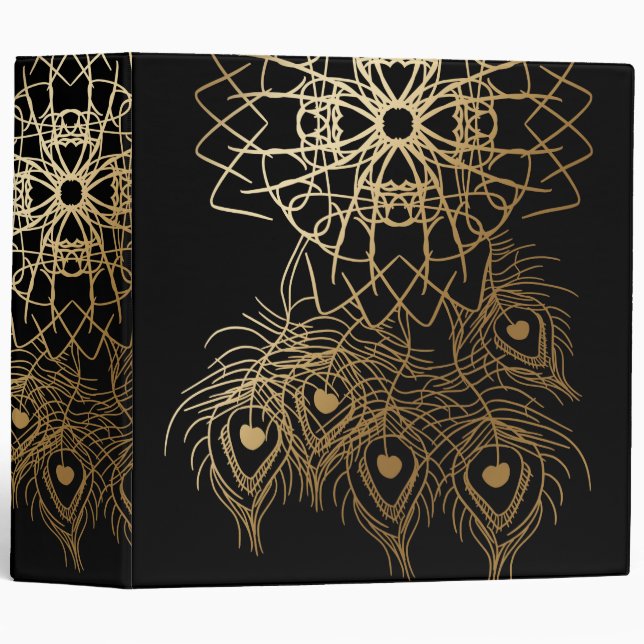 Classeur Noir et plume Dreamcatcher de paon d'or (Devant/Côté)