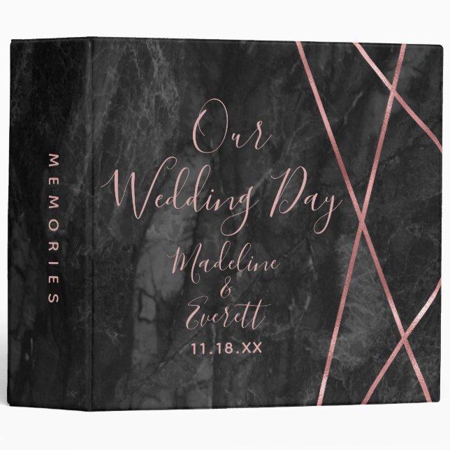 Classeur Noir Marbre Rose Gold Lines Mariage Album photo (Devant/Côté)
