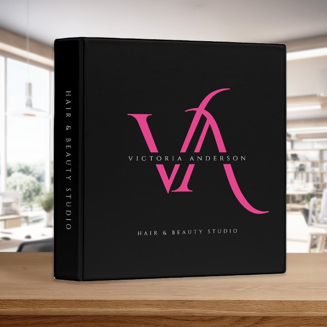 Classeur Noir Neon Rose Moderne Monogramme Personnalisé Aff (Black Neon Pink Modern Monogram Custom Business 3 Ring Binder)