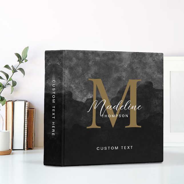 Classeur Noir or Aquarelle Script Typographie Monogramme (Créateur téléchargé)