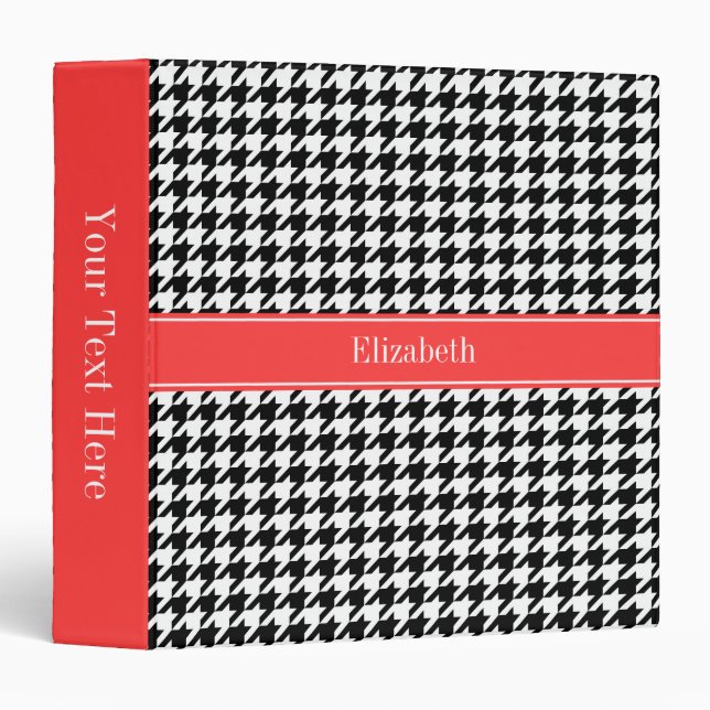 Classeur Noir Wht Houndstooth Coral Nom rouge Monogramme (Devant/Côté)