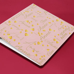 Classeur Nom avec Coeurs d'or partout sur rose pâle