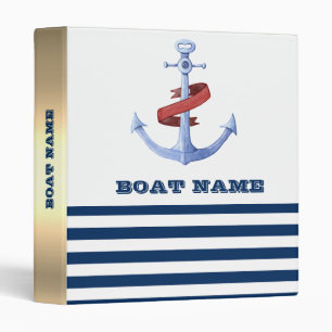 Classeur Nom de bateau nautique, bleu ancre marine rayé ble